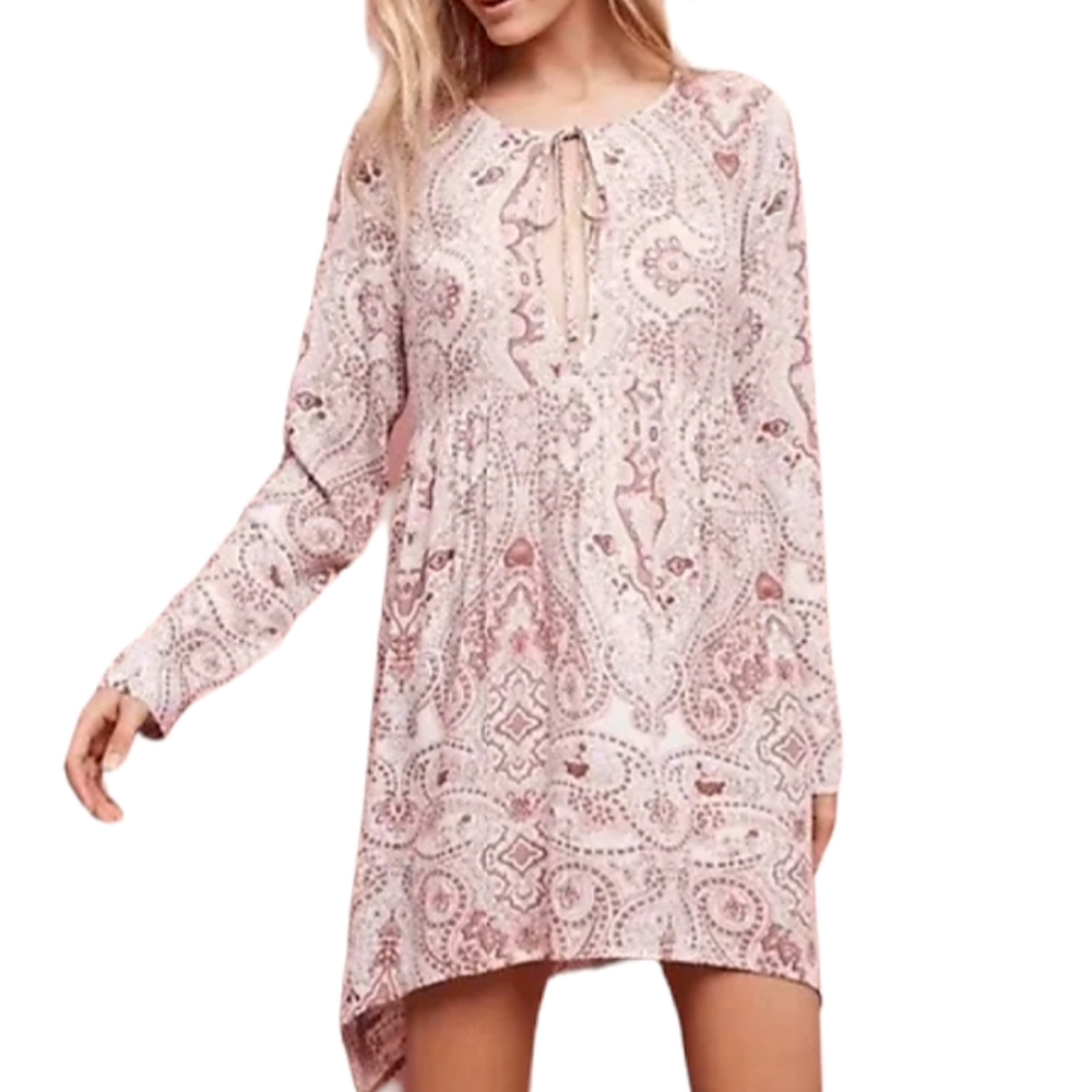 Anthropologie Lilka Longsleeve Chemise Tunic Dress Pink Paisley Boho Hippie Sz L